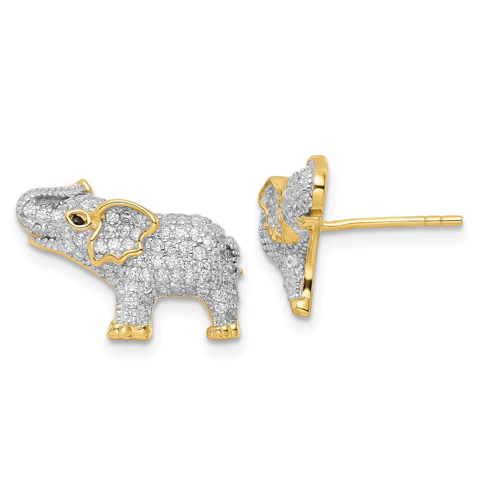 925 Sterling Silver Rhodium-plated Gold Tone CZ Elephant Post Earrings